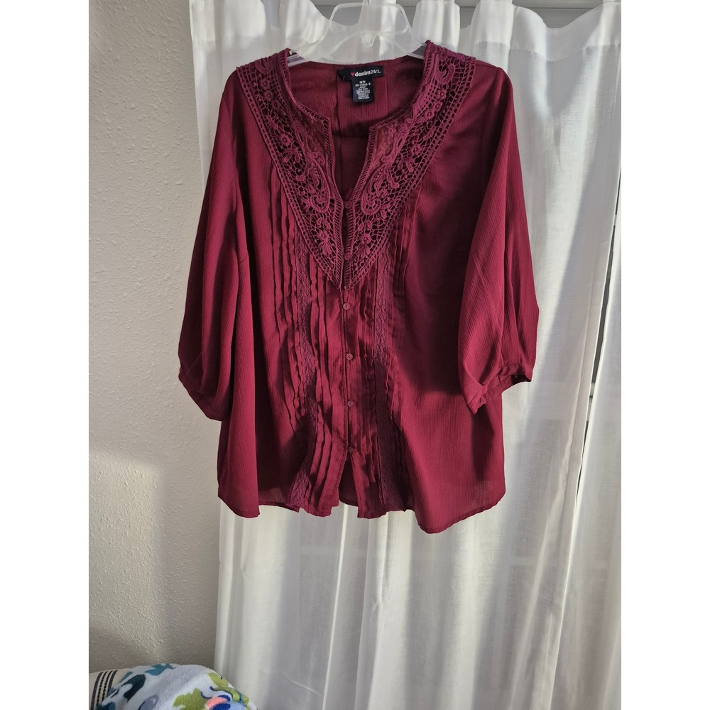 Burgundy Boho Blouse 18W Crochet Lace Pleated Plus Top Peasant, Romantic Cottage